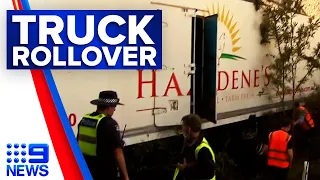 Truck drivers escapes serious injury after veering off highway | 9 News Australia