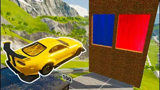 Crazy Vehicle High Speed Jumping Through Blue Slime Or Red Slime Water Wall Crashes - BeamNG drive