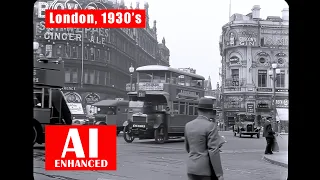 London, 1930's. Piccadilly Circus & Trafalgar Square. AI Enhanced. BW. Upscaled To HD.