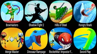 Bowmasters, Shadow Fight 2, Hills of Steel, Hungry Shark, Merge Master, Dinosaur Rampage, Sword Play