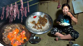Buff Meat recipe with rice in Rural Village kitchen || Nepali Village style cooking and eating