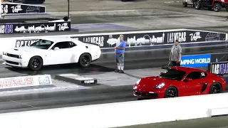 Dodge Challenger SRT Hellcat Vs. Porsche Cayman 718 GTS Drag Race - Las Vegas 6-2-2023 - 4K UHD