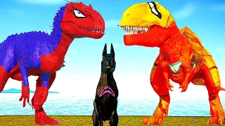 Spiderman I-REX vs Ironman Dinosaurs,Indoraptor,Spinosaurus battle T-Rex Jurassic world Evolution 2
