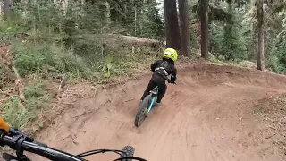 4 year old mtb kid riding his Propain Frechdax 20" on the Re-Align trail at Timberline Bike Park