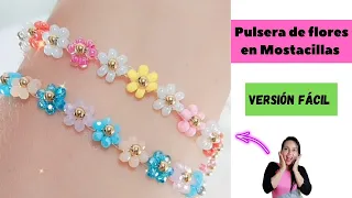 Pulsera de flores con mostacillas o chaquiras, cristales o perlas 🌸 fácil con un solo nailon.