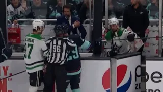 Jamie Benn Tries To Take Vince Dunn's Stick During Scrum