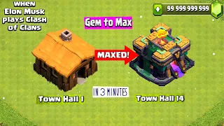 GEM TO MAX! Town Hall 1 to 13! Clash of Clans Gem rush! Time lapse