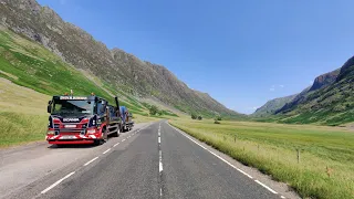 Roasting Scottish summer on A82 Tryndrum - Ballachulish (via Glen Etive) driving Scania skip truck