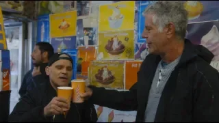 Anthony Bourdain and Harley Flanagan enjoying an egg cream at Ray's Candy Store