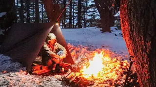Making a Survival Shelter In Snow - Solo Camping Overnight