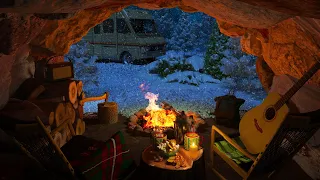 Winter Cave Ambience - Cozy Snowy Cave with Snowfall and Bonfire Sounds for Relax, Sleep