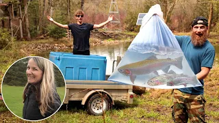 The Loser Cleans Fish! -  Wife, Son Fishing Challenge (fly, float, spin) - MONSTER TROUT POND!