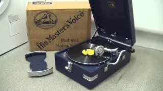 1932 HMV 102 Gramophone in blue, mint condition with original box & record tray.