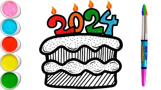 How to draw a new year cake 2024 easy | Happy New Year Cake Drawing Easy for Kids