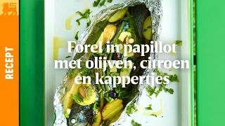 Forel in papillot met olijven, citroen en kappertjes