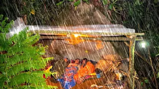 camping during heavy non-stop thunderstorm rain // building a plastic shelter