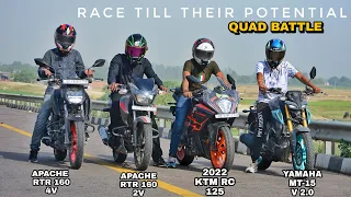 Yamaha MT-15 v2 Vs 2022 Ktm RC125 Vs Apache 160 4v Vs Apache 160 2v | Race Till Their Potential