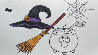 #122 halloween (1a parte) - calderone, cappello da strega: disegnare e colorare per bambini babydona