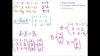 Крамера. Гаусса. Матричный метод. Система линейных уравнений.  3 способа решения