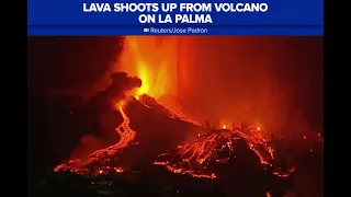 Lava shoots up from volcano on La Palma