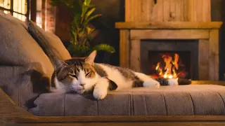 Relax with Purring Cat and Crackling Fireplace 4K. Sleep in Cozy Winter Ambience With Crackling Fire