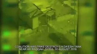 NATO Unclassified: 08-30-16. Coalition Airstrike Decimates a Daesh Tank near Ar-Raqqah, Syria.
