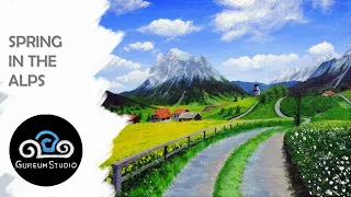 Acrylic Painting | Spring In Swiss Alps Landscape | Step by Step Tutorial #55