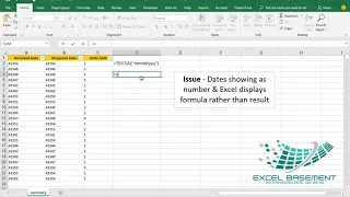 Dates Showing as Numbers & Excel Displays Formula rather than Result