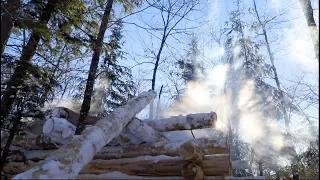 Log Cabin Building in the Winter |  Bushcraft Style Tarp Shelter for the Sauna Project