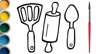 How to draw a roller and other kitchen utensils for kids