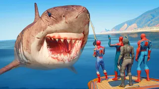 Team Spider Man Fishing Megalodon Shark | Biggest Shark in GTA 5