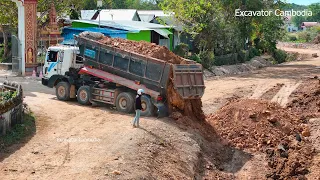 Great Video Dump Truck Dumping Dirt Making Foundation New Road With Heavy Bulldozer Caterpillar