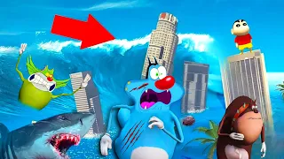 Oggy & Shinchan Surviving in Biggest Tsunami || The End of Los Santos! In GTA 5!