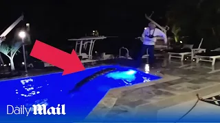 Shocking moment huge 10-foot crocodile found swimming in pool