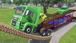 Double Flatbed Trailer Truck vs speed bumps|Busses vs speed bumps|Beamng Drive| BeamNG Express #18