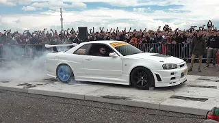 Nissan Skyline R34 GTT Destroys a Set of Tyres in 1 Minute! *BURNOUT Madness* !!