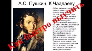 Как быстро выучить стих К ЧААДАЕВУ А.С. Пушкин