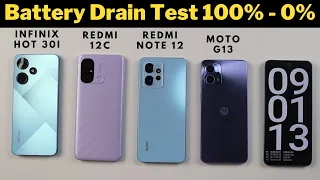 Moto G13 vs Infinix Hot 30i vs Redmi 12C vs Redmi Note 12 Battery Drain Test 100% - 0%