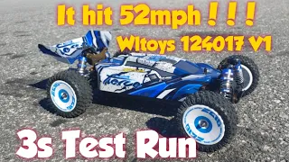 52 mph Wltoys 124017 V1 3s Speed Test