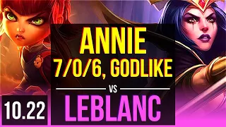 ANNIE vs LEBLANC (MID) | 7/0/6, 68% winrate, Godlike | KR Master | v10.22