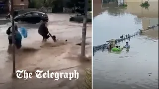 Greek Floods: Restaurant chairs and table swept away