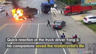 Good samaritan truck driver rescues motorcyclist after fiery crash