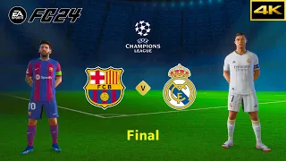 FIFA 24 | FC BARCELONA vs. REAL MADRID | Ft. Messi, Ronaldo | UEFA CHAMPIONS LEAGUE FINAL | [4K]