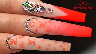 HOW TO DO RED LOUIS VUITTON NAILS TUTORIAL I LONG ACRYLIC COFFIN SHAPE DESIGN I NOTPOLISH 2020 TREND