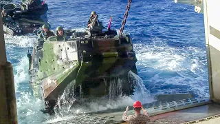 US Massive Amphibious Vehicles Jump into Ship From Deep Water