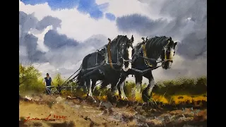 Plowing the old way - Watercolor painting tutorial