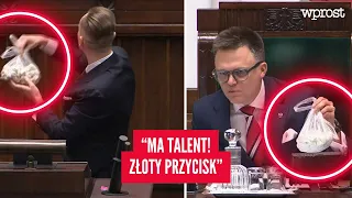 Berkowicz wszedł na mównicę z siatką i wręczył Hołowni uszka. "Obiecał pan"