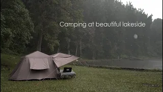 Camping heavy rain at beautiful lakeside