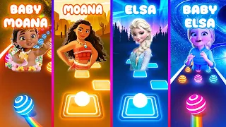 BABY MOANA and MOANA vs BABY ELSA and FROZEN ELSA - Tiles Hop EDM And Dancing Road!