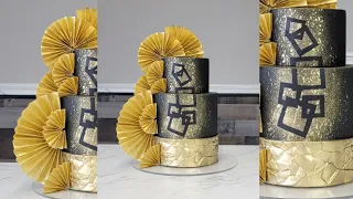 How to Create a Negative Image Geometric Design on Fondant | Edible Gold Wafer Paper Fans | Cake